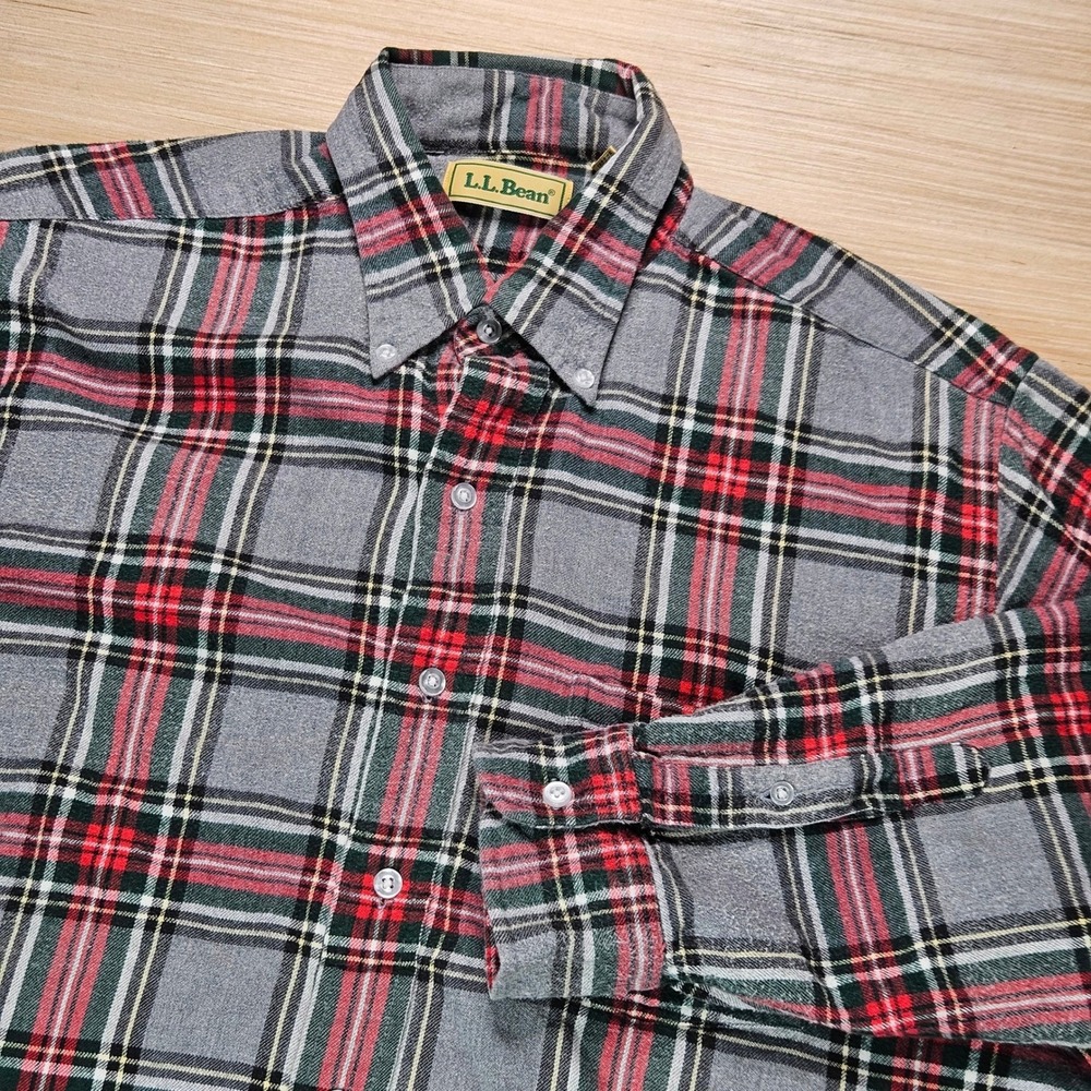 LL Bean Flannel Shirt Mens L Gray Plaid Button Down Long Sleeve Cotton Outdoors